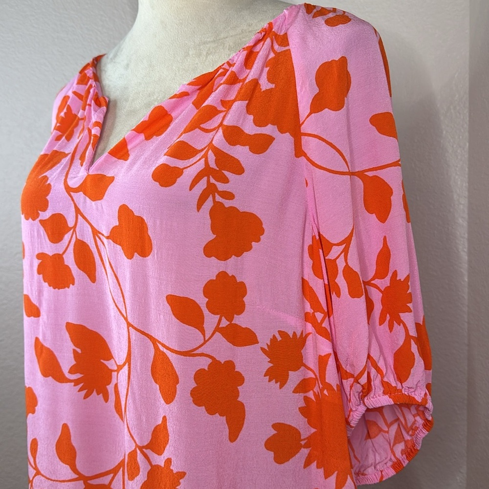TALBOTS Red & Pink ELBOW SLEEVE TOP - SILHOUETTE GARDEN Size Large NWOT - Picture 9 of 10